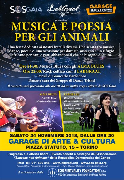 Musica e Poesia per gli Animali - Garage di Arte & Cultura, Torino - Sabato 24 novembre 2018 dalle ore 20